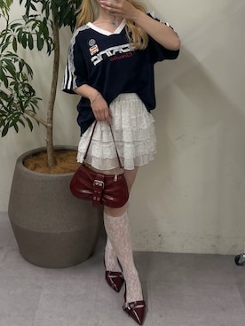 「continuer de NICE CLAUP(コンティニューデナイスクラップ)のレース×シフォンミニスカート(スカート、その他)」を使った、m o e / 149cmさん(レディース・149cm)の夏コーディネート