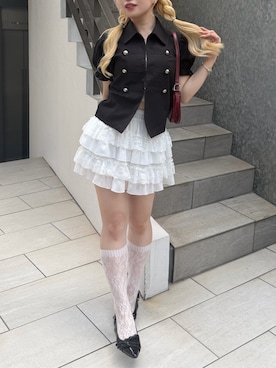 「continuer de NICE CLAUP(コンティニューデナイスクラップ)のナポレオン風パフブラウス(シャツ/ブラウス、ブラック系)」を使った、m o e / 149cmさん(レディース・149cm)の夏コーディネート