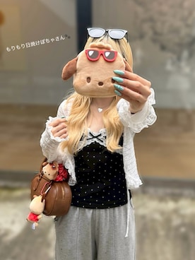 「continuer de NICE CLAUP(コンティニューデナイスクラップ)のこれ1枚で韓国ガーリー、レースカーデ×カップ付きレースキャミ(カーディガン/ボレロ、ホワイト系)」を使った、m o e / 149cmさん(レディース・149cm)の夏コーディネート