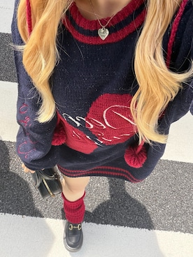 「continuer de NICE CLAUP(コンティニューデナイスクラップ)のハートロゴニット(ニット/セーター、ブルー系)」を使った、m o e / 149cmさん(レディース・149cm)の秋コーディネート