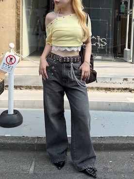「continuer de NICE CLAUP(コンティニューデナイスクラップ)の【@_puni.moe企画】ハトメワンショルTee(Tシャツ/カットソー、イエロー系)」を使った、m o e / 149cmさん(レディース・149cm)の夏コーディネート