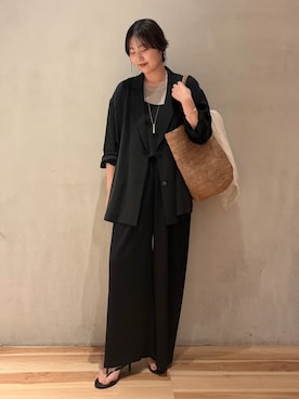 「plage（プラージュ）のfibril linen混 relax ジャケット（テーラードジャケット、ブラック系）」を使った、chikaさん（レディース・161cm）の春コーディネート