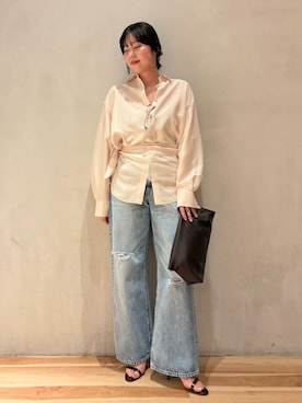 「plage（プラージュ）のNEPLA. / ネプラ 別注 DAMAGEWIDE FLARE デニムパンツ（デニムパンツ、ブルー系）」を使った、chikaさん（レディース・161cm）の春コーディネート