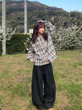 「Zooodle（ズードル）のCheckered hoodie shirt - チェックフーディーシャツ -（シャツ/ブラウス、ブルー系）」を使った、ちゃをさん（レディース・158cm）の春コーディネート