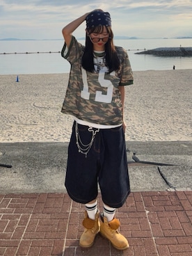 「古着のアイテム（ストール/ショール、ブルー系）」を使った、ちゃをさん（レディース・158cm）の春コーディネート