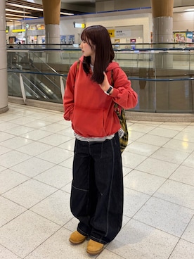 「Zooodle（ズードル）のPigment henry hoodie - ピグメントヘンリーフーディー -（パーカー、レッド系）」を使った、ちゃをさん（レディース・158cm）の春コーディネート