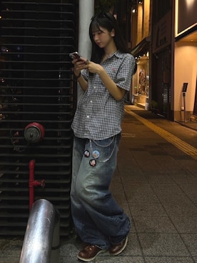 「古着のアイテム（シャツ/ブラウス、ブラック系）」を使った、ちゃをさん（レディース・158cm）の春コーディネート