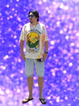 「no brand（ノーブランド）のアイテム（サングラス、ブルー系）」を使った、kingtessyさん（メンズ・186cm）の夏コーディネート