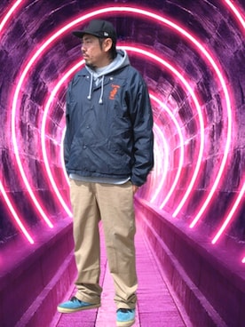 「NEW ERA（ニューエラ）のアイテム（キャップ、ブラック系）」を使った、kingtessyさん（メンズ・186cm）の春コーディネート