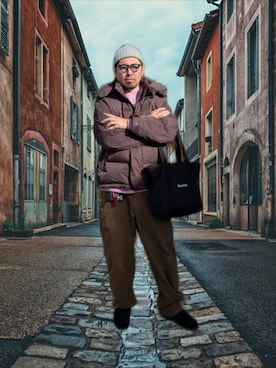 「Supreme （シュプリーム）のアイテム（バッグ）」を使った、kingtessyさん（メンズ・186cm）の冬コーディネート