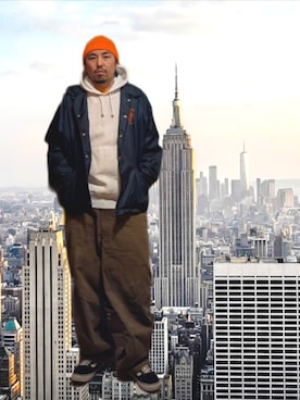 「古着のアイテム（ニットキャップ/ビーニー、オレンジ系）」を使った、kingtessyさん（メンズ・186cm）の春コーディネート