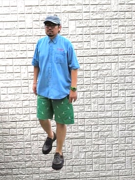 「GU（ジーユー）のアイテム（ブーツ、ブラウン系）」を使った、kingtessyさん（メンズ・186cm）の夏コーディネート