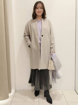 「アイテム（ノーカラーコート、ベージュ系）」を使った、naokoさん（レディース・165cm）の冬コーディネート