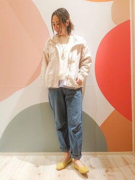 「SHOO・LA・RUE（シューラルー）の【SS-3L/美脚シルエット】いつでも頼れる デニムテーパードパンツ（デニムパンツ、ブルー系）」を使った、次女さん（レディース・162cm）の春コーディネート