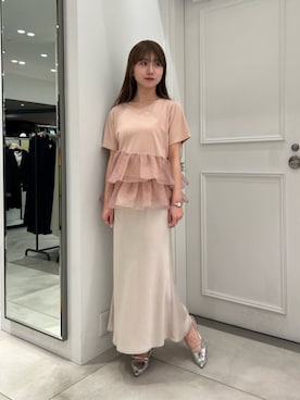 「NATURAL BEAUTY BASIC（ナチュラルビューティーベーシック）のチュールティアードカットソー（T Shirts、ベージュ系）」を使った、NBB STAFFさん（レディース・152cm）の春コーディネート