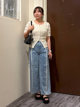 「mysty woman（ミスティウーマン）の【story.】レザーカーブBAG 659916（ショルダーバッグ、ブラック系）」を使った、ひなさん（レディース）の夏コーディネート