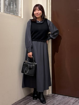 「mysty woman（ミスティウーマン）の【WEB限定/セットアイテム】ニットベストセットワンピース 1086732（ワンピース、ブラック系）」を使った、ひなさん（レディース）の秋コーディネート