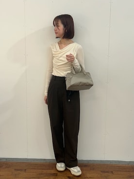 「russet（ラシット）のクラウズナイロン2WAYミニボストンバッグ（ボストンバッグ、グレー系）」を使った、juriさん（レディース・160cm）の春コーディネート