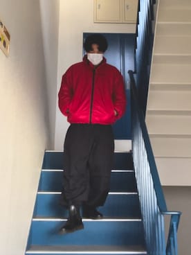 「アイテム（ダウンジャケット/コート、レッド系）」を使った、ｼﾓﾐﾓﾝさん（メンズ・169cm）の冬コーディネート