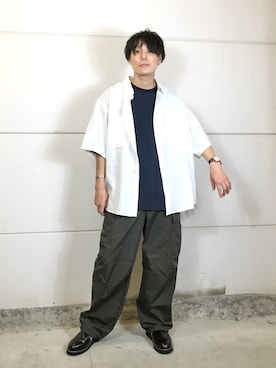 「niko and...（ニコアンド）のリネンレーヨンショートスリーブシャツ（シャツ/ブラウス、ホワイト系）」を使った、あすろんさん（メンズ・170cm）の夏コーディネート