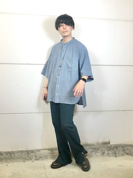 「niko and...（ニコアンド）のコットンリネン製品染めバンドシャツ（シャツ/ブラウス、ブルー系）」を使った、あすろんさん（メンズ・170cm）の夏コーディネート