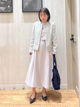 「SHOO・LA・RUE（シューラルー）の【S-3L】柔らかく軽い ライトツイードジャケット（Collarless jacket、ベージュ系）」を使った、shirayuuuさん（レディース・155cm）の冬コーディネート