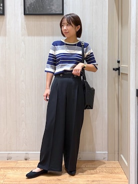 「SHOO・LA・RUE（シューラルー）の【S-LL】オンオフ着られる マルチボーダーリブニット（ニット/セーター、ブルー系）」を使った、shirayuuuさん（レディース・155cm）の夏コーディネート