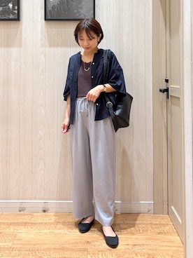 「SHOO・LA・RUE（シューラルー）の【洗濯機可/S-LL】大人の抜け感 ゆるっと5分袖シャツ（シャツ/ブラウス、ブルー系）」を使った、shirayuuuさん（レディース・155cm）の春コーディネート