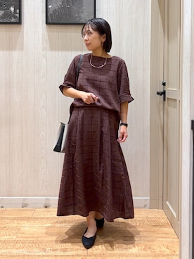 「SHOO・LA・RUE（シューラルー）の【セットアップ可/S-LL】モールチェックで上品に タックスリーブ ブラウス（シャツ/ブラウス、ブラウン系）」を使った、shirayuuuさん（レディース・155cm）の夏コーディネート