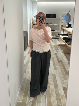 「mystic（ミスティック）の【5色展開◎】レースドッキングオフショル半袖Tシャツ（Tシャツ/カットソー、ピンク系）」を使った、yukiさん（レディース・155cm）の春コーディネート