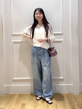 「A part by（アパートバイ）のキンチャクミニショルダバッグ（ショルダーバッグ、レッド系）」を使った、ゆいぴさん（レディース・156cm）の夏コーディネート