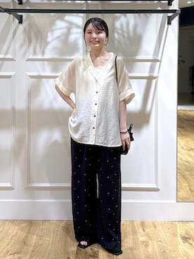 「A part by（アパートバイ）のシアーオープンカラーシャツ（シャツ/ブラウス、ホワイト系）」を使った、ゆいぴさん（レディース・156cm）の夏コーディネート