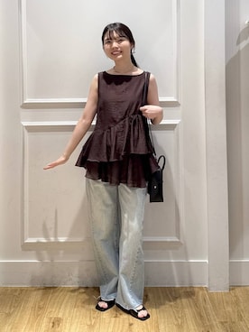 「A part by（アパートバイ）のApbカーブデニムパンツ（Denim pants、ブルー系）」を使った、ゆいぴさん（レディース・156cm）の夏コーディネート