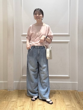 「A part by（アパートバイ）の【WEB限定】ギャザーパフスリーブプルオーバー（Shirts、ピンク系）」を使った、ゆいぴさん（レディース・156cm）の夏コーディネート
