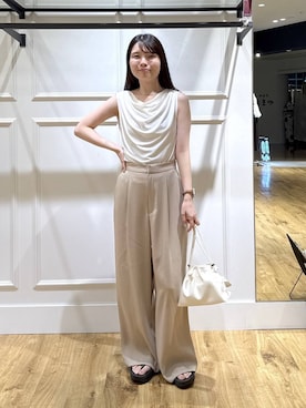 「A part by（アパートバイ）のカットドレーププルオーバーノースリーブ（Tシャツ/カットソー、ホワイト系）」を使った、ゆいぴさん（レディース・156cm）の夏コーディネート