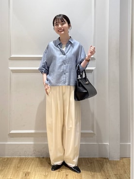 「A part by（アパートバイ）のスラックスコクーンボリュームパンツ（スラックス、ホワイト系）」を使った、ゆいぴさん（レディース・156cm）の春コーディネート