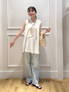 「A part by（アパートバイ）のApbカーブデニムパンツ（Denim pants、ブルー系）」を使った、ゆいぴさん（レディース・156cm）の夏コーディネート