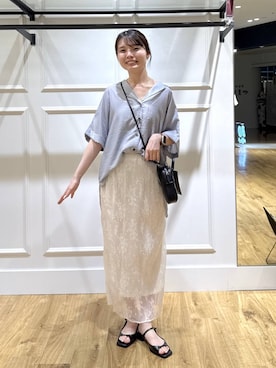 「A part by（アパートバイ）のレースプリーツイージースカート（スカート、ホワイト系）」を使った、ゆいぴさん（レディース・156cm）の夏コーディネート