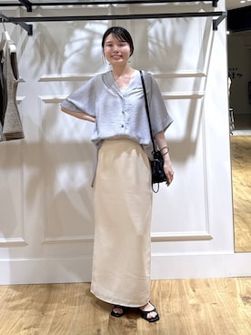 「A part by（アパートバイ）のシアーオープンカラーシャツ（シャツ/ブラウス、ブルー系）」を使った、ゆいぴさん（レディース・156cm）の夏コーディネート