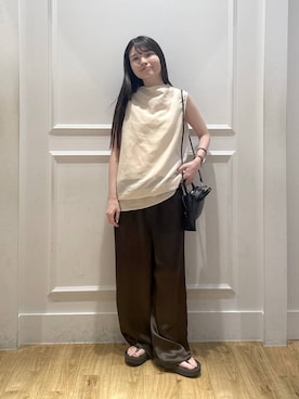 「A part by（アパートバイ）の【接触冷感】リンクルエアーアセテートパンツ（Pants、ブラウン系）」を使った、ゆいぴさん（レディース・156cm）の夏コーディネート