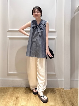 「A part by（アパートバイ）のシアーコクーンボリュームパンツ（Pants、ホワイト系）」を使った、ゆいぴさん（レディース・156cm）の夏コーディネート