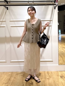 「A part by（アパートバイ）のブークレペプラムニットノースリーブ（ベスト、ベージュ系）」を使った、ゆいぴさん（レディース・156cm）の夏コーディネート