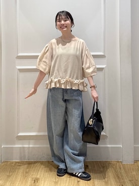 「A part by（アパートバイ）のApbコクーンデニムパンツ（デニムパンツ、ブルー系）」を使った、ゆいぴさん（レディース・156cm）の春コーディネート