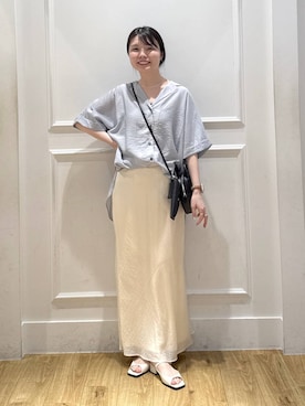 「A part by（アパートバイ）のシアーオープンカラーシャツ（シャツ/ブラウス、ブルー系）」を使った、ゆいぴさん（レディース・156cm）の夏コーディネート