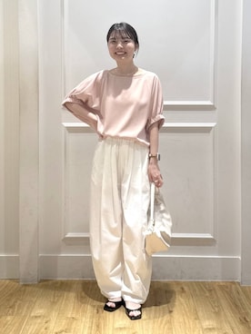 「A part by（アパートバイ）の【WEB限定】ギャザーパフスリーブプルオーバー（Shirts、ピンク系）」を使った、ゆいぴさん（レディース・156cm）の夏コーディネート