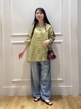 「A part by（アパートバイ）のキンチャクミニショルダバッグ（ショルダーバッグ、レッド系）」を使った、ゆいぴさん（レディース・156cm）の夏コーディネート