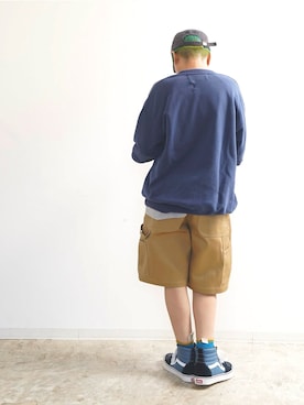 「yenopeのS/S PEDAL SWEAT(YN)（スウェット、ブルー系）」を使った、いうさん（レディース・157cm）の夏コーディネート