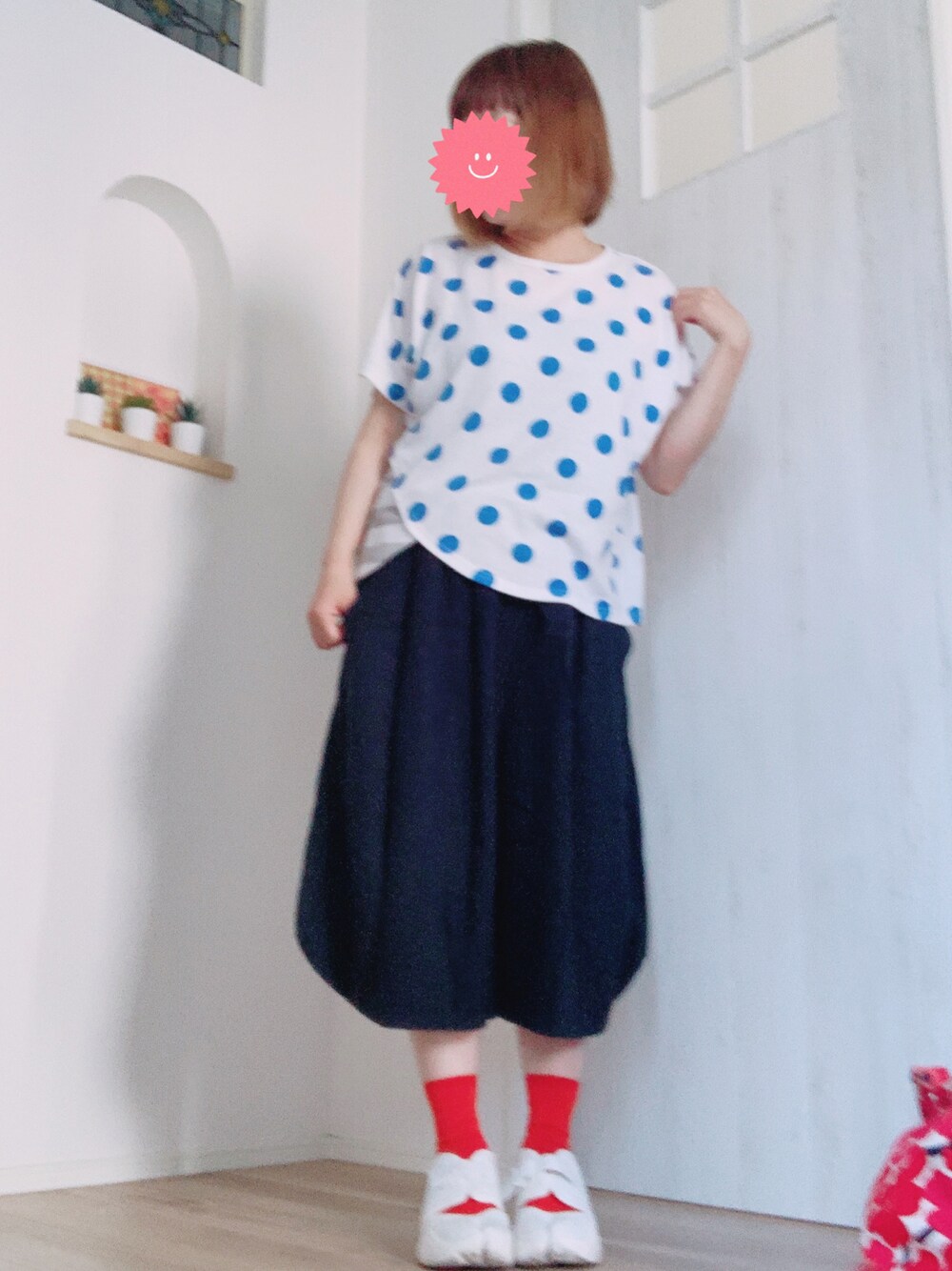 「休日コーデ、大人かわいい、低身長コーデ、大人ガーリー、お洒落さんとつながりたい、アクアリフト、ナイキ、マリメッコ、ラクチンコーデ、ビタミンカラー、ドット、Tシャツ」｜「FRAPBOISのポルボーダー カットソー（Tシャツ/カットソー、ブルー系）」を使った、まっきぃ〜さん（レディース・156cm）の夏コーディネートの1枚目の写真