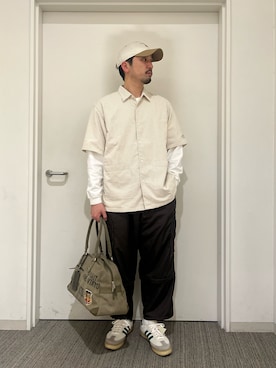 「ワークシャツ」｜「アイテム（グレー系）」を使った、Funachangさん（メンズ・177cm）の春コーディネート