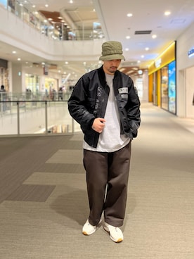 「ハット」｜「アイテム（MA-1）」を使った、Funachangさん（メンズ・177cm）の冬コーディネート
